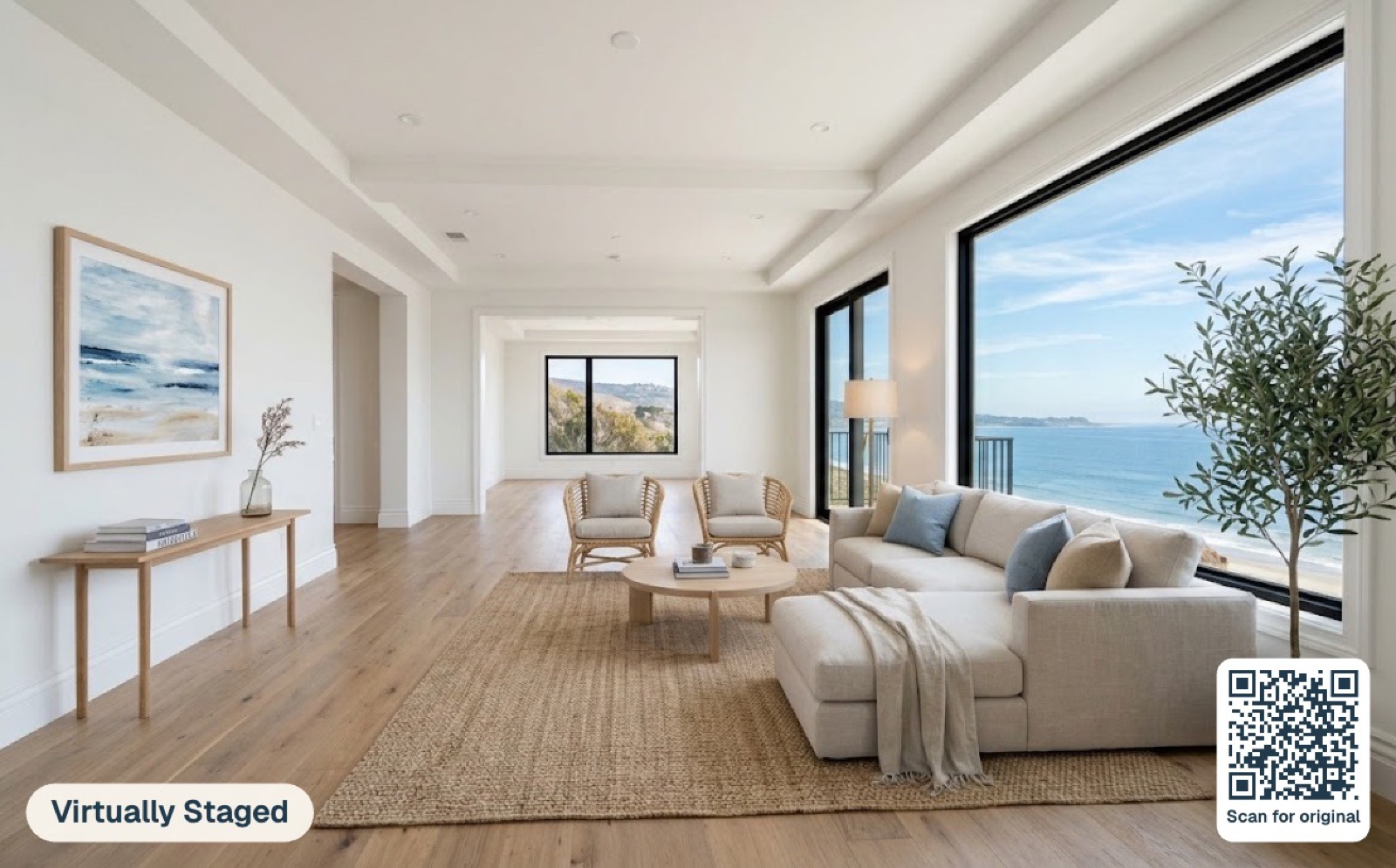 A staged living room photo with a Virtually Staged label in the corner and a QR code linking to the original