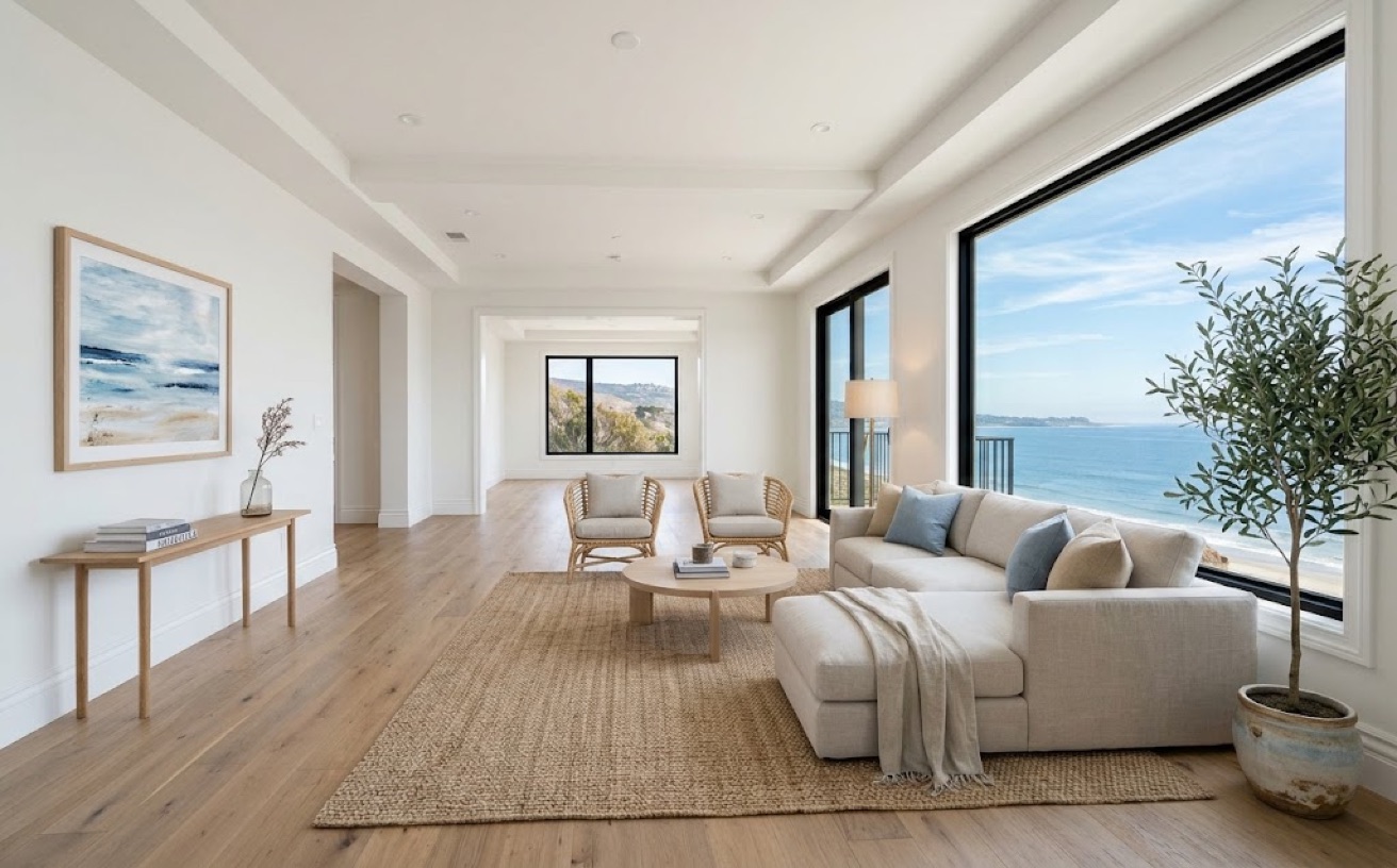 Living room staged in Coastal Modern with a linen sectional, jute rug and olive tree