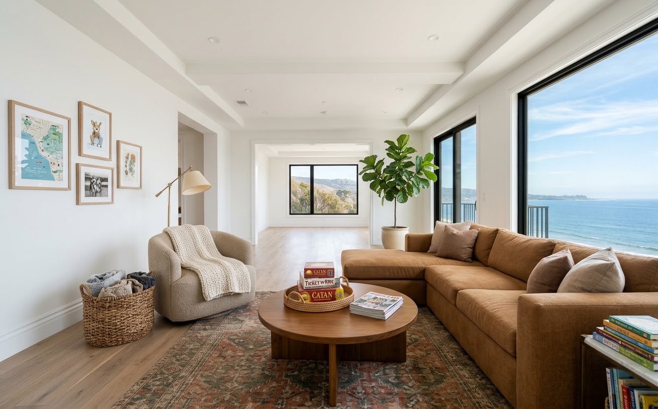 The same living room staged in Family Contemporary with a caramel sectional and patterned rug
